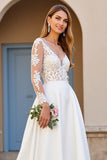 Ivory Long Sleeves Satin A Line Sweep Train Wedding Dress with Lace