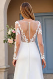 Ivory Long Sleeves Satin A Line Sweep Train Wedding Dress with Lace