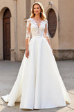 Ivory Satin V-Neck Half Sleeves Sweep Train Wedding Dress with Lace