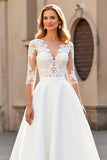 Ivory Satin V-Neck Half Sleeves Sweep Train Wedding Dress with Lace