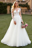 Tulle A Line Ivory Sweep Train Long Sleeves Wedding Dress with Lace