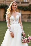 Tulle A Line Ivory Sweep Train Long Sleeves Wedding Dress with Lace
