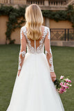 Tulle A Line Ivory Sweep Train Long Sleeves Wedding Dress with Lace