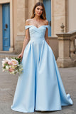 Sky Blue Ball Gown Off the Shoulder Satin Sweep Train Wedding Dress with Bow