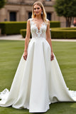 Princess Ivory V-Neck Sweep Train Satin Wedding Dress with Lace