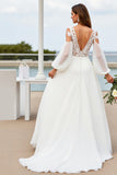 Ivory V-Neck Chiffon Lantern Sleeves Sweep Train Wedding Dress