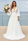 Ivory V-Neck Chiffon Lantern Sleeves Sweep Train Wedding Dress