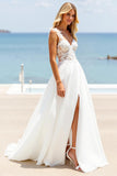 Ivory A Line Sweetheart Sweep Train Boho Wedding Dress with Slit