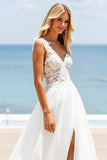 Ivory A Line Sweetheart Sweep Train Boho Wedding Dress with Slit
