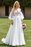 Ivory V Neck A Line Long Sleeves Sweep Train Wedding Dress with Lace