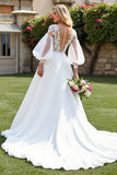 Ivory V Neck A Line Long Sleeves Sweep Train Wedding Dress with Lace