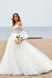 Tulle Ivory Off the Shoulder Sweep Train Beach Wedding Dress with Lace