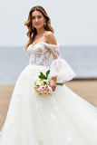 Tulle Ivory Off the Shoulder Sweep Train Beach Wedding Dress with Lace