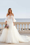 Ivory Ball Gown Off the Shoulder Sweep Train Wedding Dress with Lace