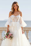 Ivory Ball Gown Off the Shoulder Sweep Train Wedding Dress with Lace