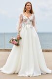 Ivory A Line Floral Sweep Train Embroidered Wedding Dress with Sleeves