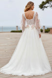 Ivory A Line Floral Sweep Train Embroidered Wedding Dress with Sleeves