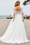 Ivory A Line Floral Sweep Train Embroidered Wedding Dress with Sleeves
