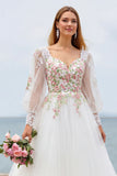 Ivory A Line Floral Sweep Train Embroidered Wedding Dress with Sleeves