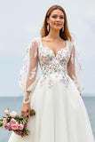 Ivory A Line Floral Sweep Train Embroidered Wedding Dress with Sleeves