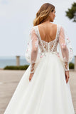 Ivory A Line Floral Sweep Train Embroidered Wedding Dress with Sleeves