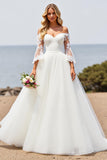 Ivory Ball Gown Tulle Sweep Train A Line Wedding Dress with Lace