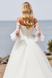 Ivory Ball Gown Tulle Sweep Train A Line Wedding Dress with Lace