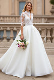 Ivory High Neck A Line Half Sleeves Sweep Train Wedding Dress with Lace