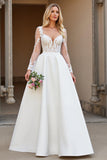 Satin Ivory A Line Backless Sweep Train Wedding Dress with Sleeves