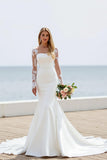 Ivory Illusion Neck Mermaid Satin Sweep Train Beach Wedding Dress with Lace