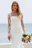 Ivory Illusion Neck Mermaid Satin Sweep Train Beach Wedding Dress with Lace