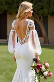 Ivory V-Neck Mermaid Satin Sweep Train Wedding Dress with Sleeves