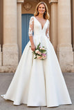 A Line Ivory V-Neck Satin Floor-Length Wedding Dress with Sleeves
