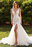 Lace Ivory V-Neck Mermaid Sweep Train Wedding Dress with Slit