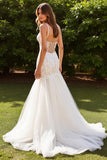 Lace Ivory V-Neck Mermaid Sweep Train Wedding Dress with Slit