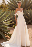 A Line Ivory Off the Shoulder Sweep Train Wedding Dress with Slit