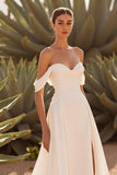 A Line Ivory Off the Shoulder Sweep Train Wedding Dress with Slit