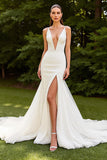 Gorgeous Ivory Deep V-Neck Mermaid Sweep Train Wedding Dress with Slit