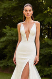 Gorgeous Ivory Deep V-Neck Mermaid Sweep Train Wedding Dress with Slit