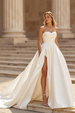 Sweetheart Ivory A Line Sweep Train Satin Wedding Dress with Slit