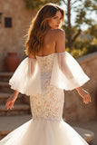Ivory Mermaid Off the Shoulder Tulle Sweep Train Wedding Dress with Lace