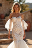 Ivory Mermaid Off the Shoulder Tulle Sweep Train Wedding Dress with Lace