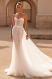 Ivory Sweetheart Tulle A Line Sweep Train Wedding Dress with Lace