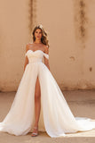 Ivory Off the Shoulder A Line Tulle Sweep Train Wedding Dress with Slit