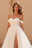 Ivory Off the Shoulder A Line Tulle Sweep Train Wedding Dress with Slit