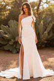 Ivory One Shoulder Mermaid Satin Sweep Train Wedding Dress with Slit