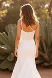 Ivory One Shoulder Mermaid Satin Sweep Train Wedding Dress with Slit
