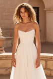 Ivory Strapless A Line Chiffon Sweep Train Backless Wedding Dress