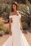 Satin Ivory Off the Shoulder Mermaid Sweep Train Wedding Dress