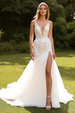 Ivory Lace Deep V-Neck Mermaid Sweep Train Wedding Dress with High Slit